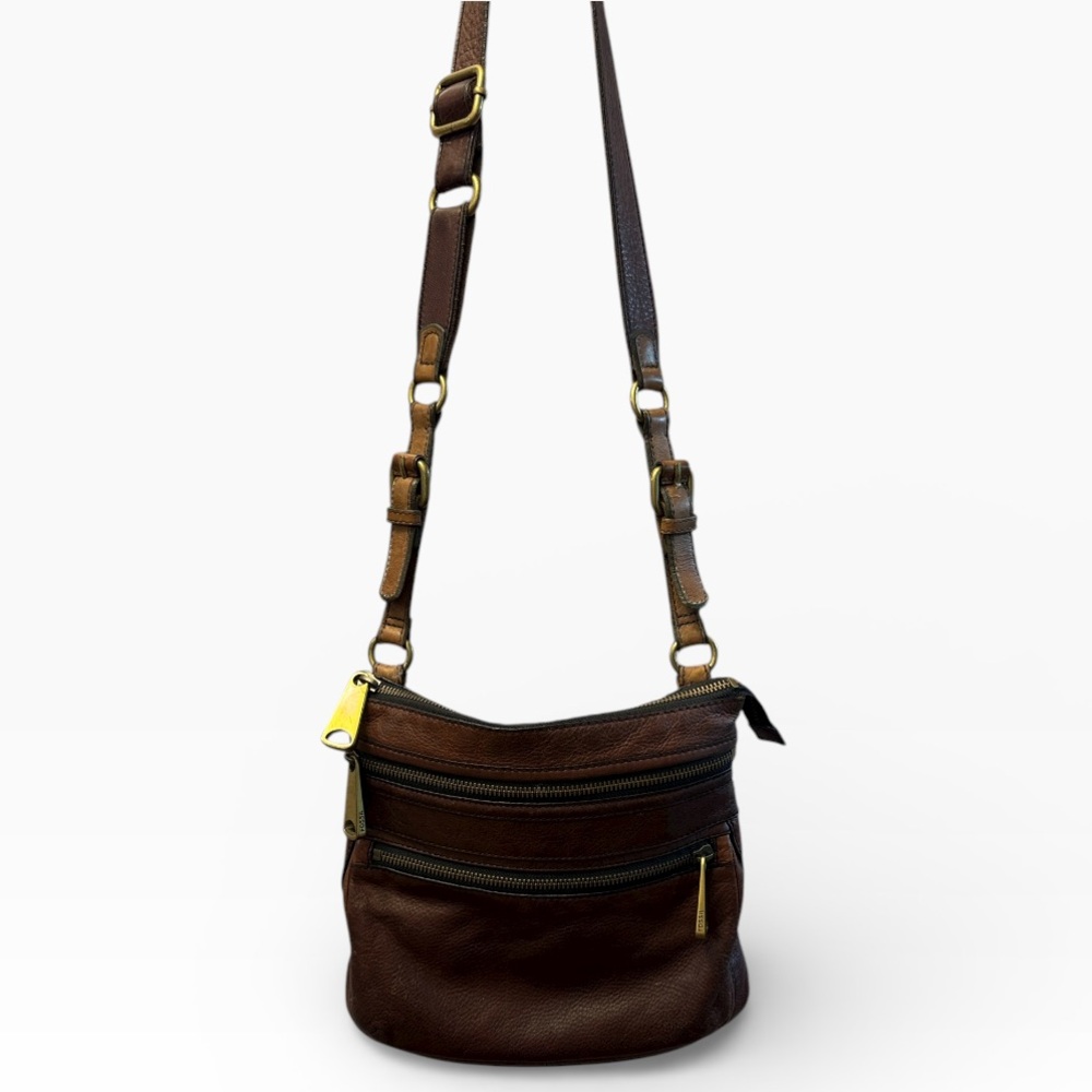 Fossil Brown Leather Big Zipper Crossbody Bag
